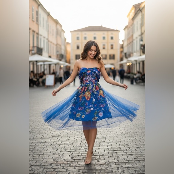 Marchesa Notte Embroidered Strapless Tulle Cocktail Dress Size 6 - Picture 5 of 10